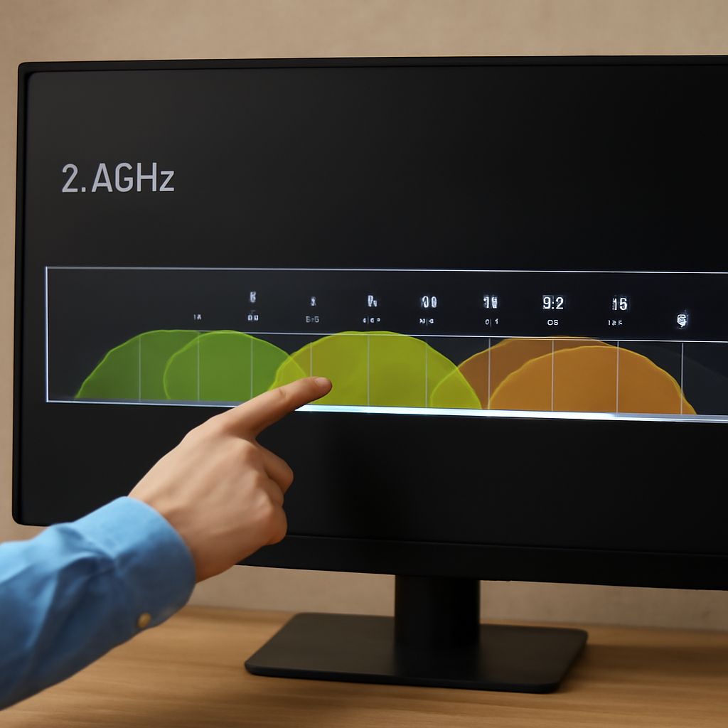 Wi-Fi router with a 5 GHz channel scan showing nearby networks