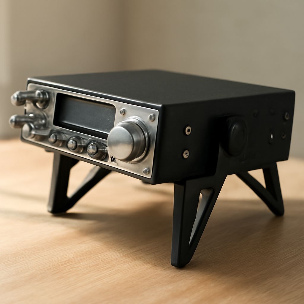 Budget CB radio parts including a radio, antenna, mount, coax, and SWR meter