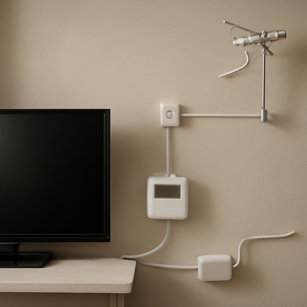 Diagram showing digital TV frequencies from transmitter through antenna to receiver