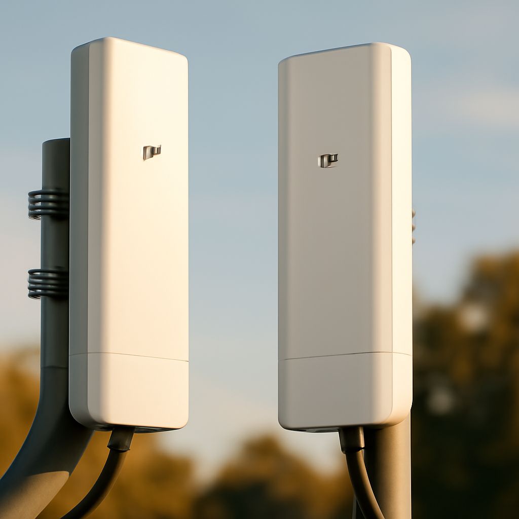 Diagram of a provider tower, property antenna, and building-to-building wireless bridge