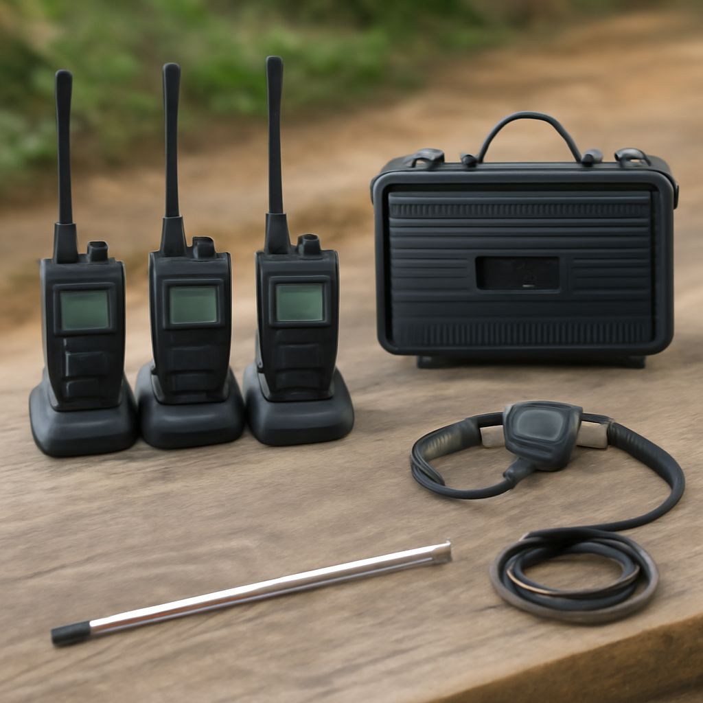 Handheld ham radio beside a securely mounted mobile radio and vehicle antenna