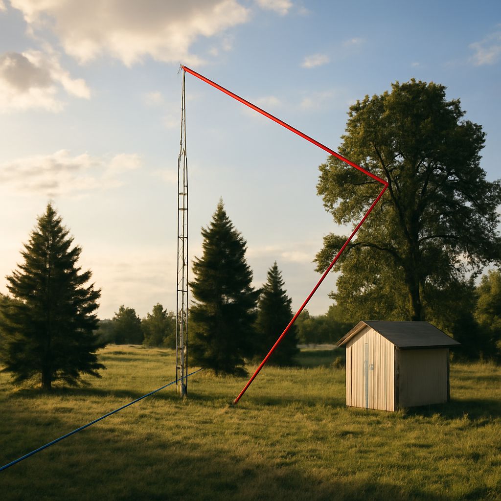 Amateur radio desk station with transceiver, power supply, labeled cables, and a mobile antenna setup